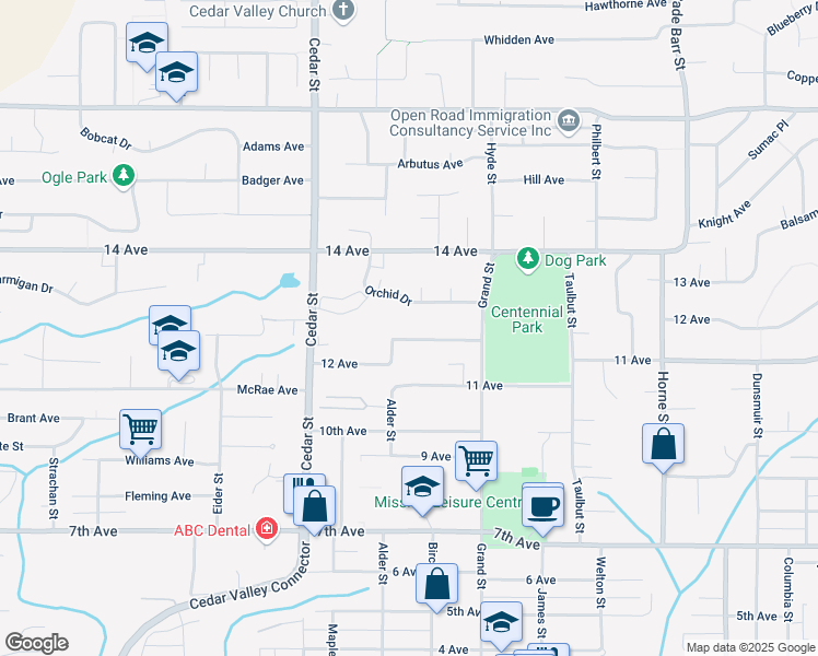map of restaurants, bars, coffee shops, grocery stores, and more near 32902 Orchid Drive in Mission