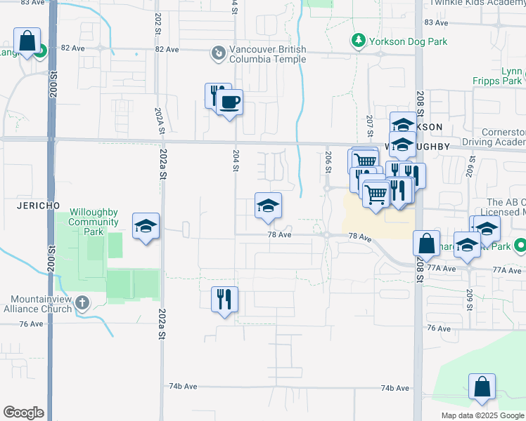 map of restaurants, bars, coffee shops, grocery stores, and more near 20453 78A Avenue in Langley Township