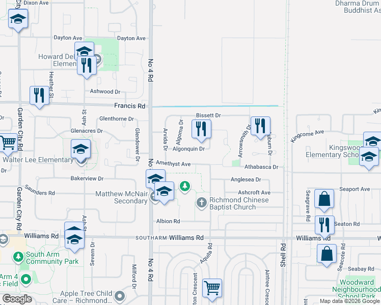 map of restaurants, bars, coffee shops, grocery stores, and more near 10240 Algonquin Drive in Richmond