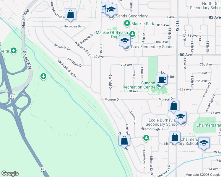 map of restaurants, bars, coffee shops, grocery stores, and more near 10876 78A Avenue in Delta