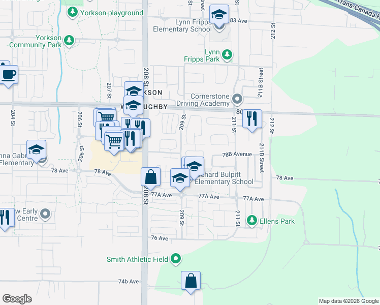 map of restaurants, bars, coffee shops, grocery stores, and more near 7848 209 Street in Langley Township