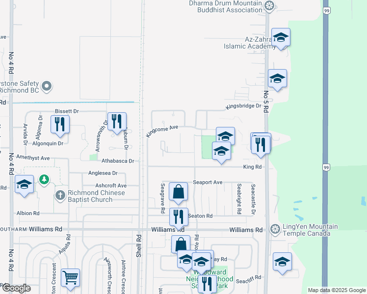 map of restaurants, bars, coffee shops, grocery stores, and more near 9480 Kingswood Drive in Richmond