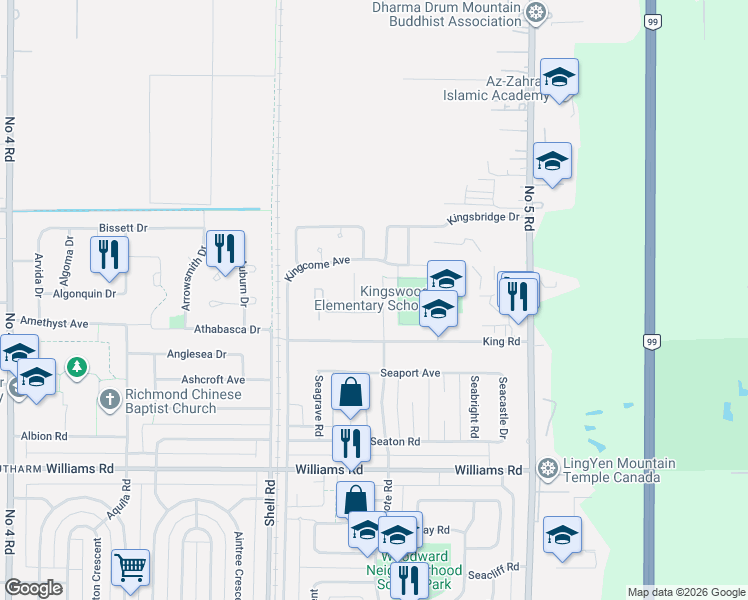 map of restaurants, bars, coffee shops, grocery stores, and more near 9420 Kingswood Drive in Richmond