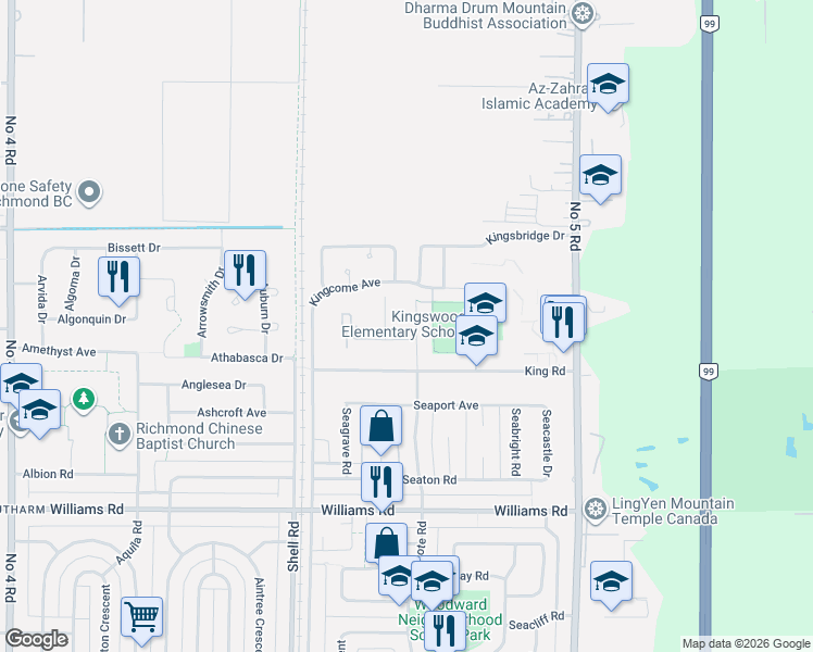 map of restaurants, bars, coffee shops, grocery stores, and more near 9491 Seacote Road in Richmond