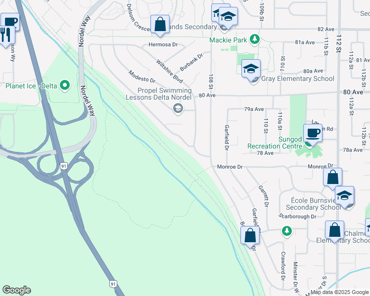 map of restaurants, bars, coffee shops, grocery stores, and more near 10722 Santa Monica Drive in Delta