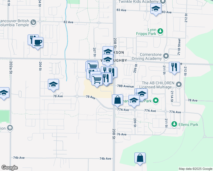 map of restaurants, bars, coffee shops, grocery stores, and more near 20733 Willoughby Town Centre Drive in Langley