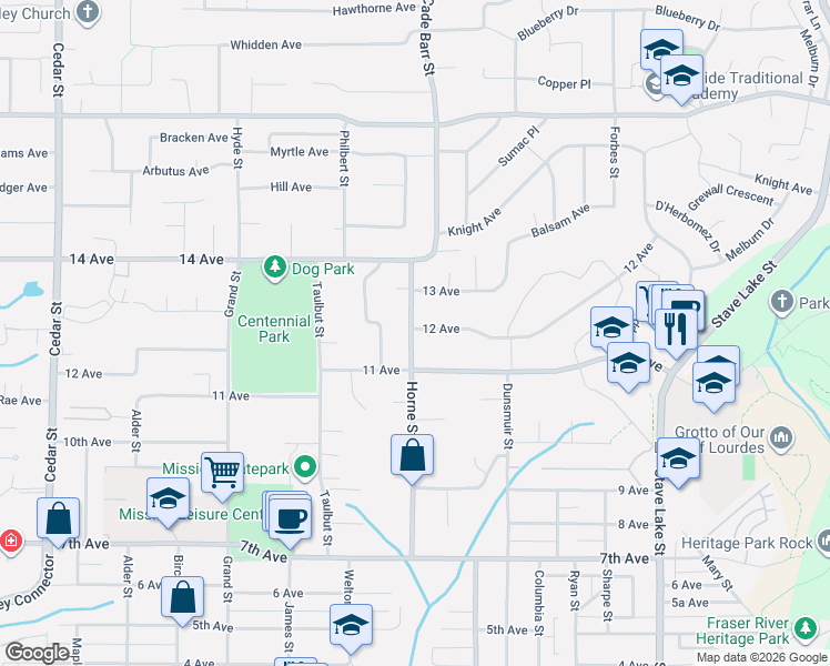 map of restaurants, bars, coffee shops, grocery stores, and more near 7888 Horne Street in Mission