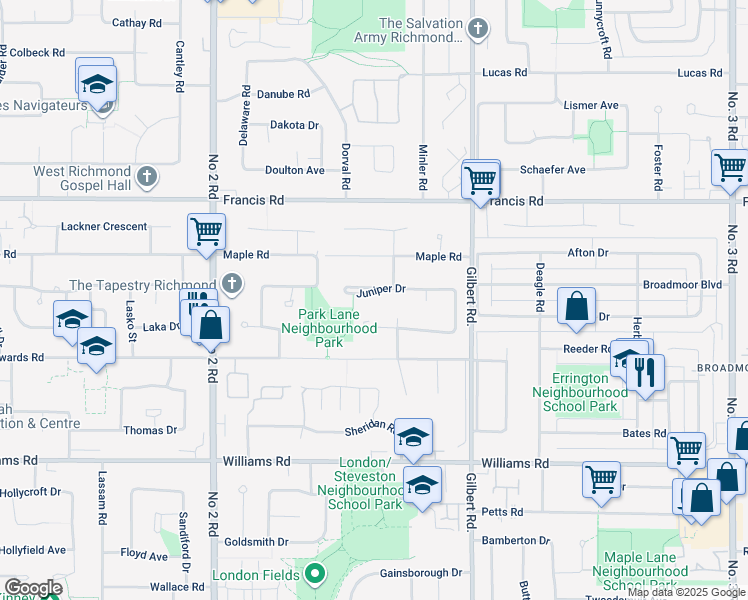 map of restaurants, bars, coffee shops, grocery stores, and more near 6540 Juniper Drive in Richmond