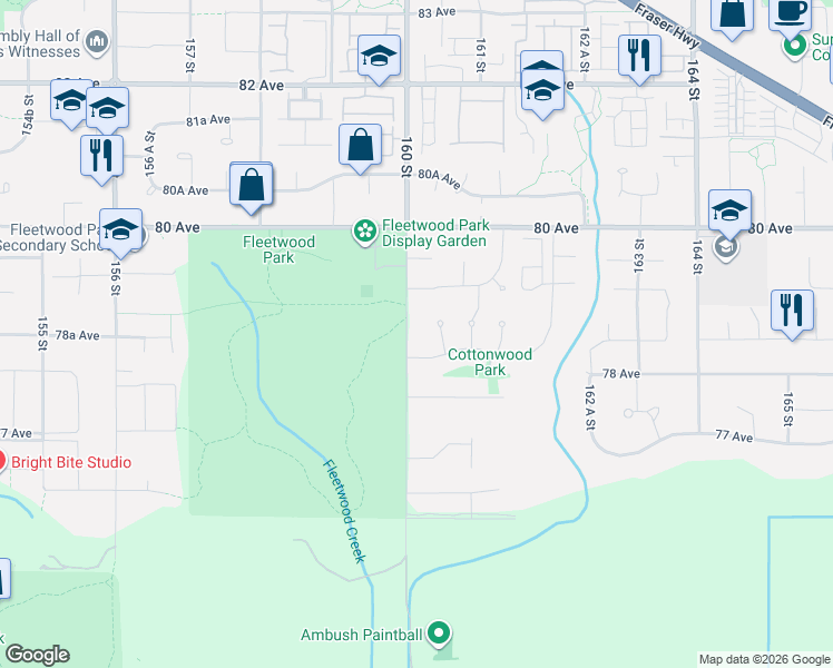 map of restaurants, bars, coffee shops, grocery stores, and more near 7838 160 Street in Surrey