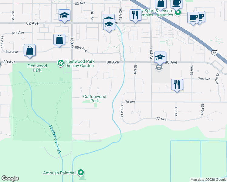 map of restaurants, bars, coffee shops, grocery stores, and more near 7838 162 Street in Surrey