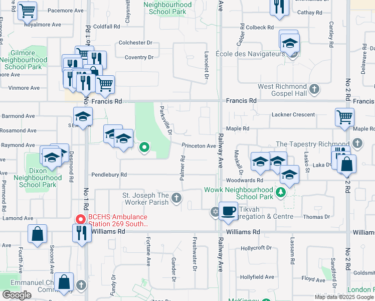 map of restaurants, bars, coffee shops, grocery stores, and more near 9428 Palmer Road in Richmond