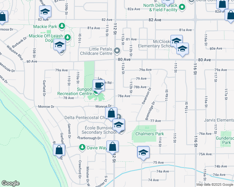 map of restaurants, bars, coffee shops, grocery stores, and more near 11205 78A Avenue in Delta