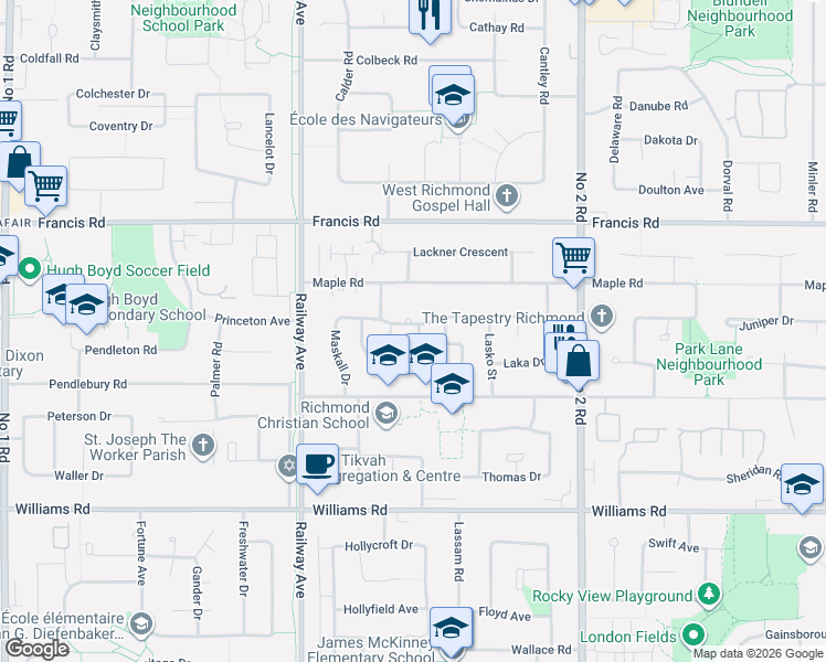 map of restaurants, bars, coffee shops, grocery stores, and more near 9224 Evancio Crescent in Richmond