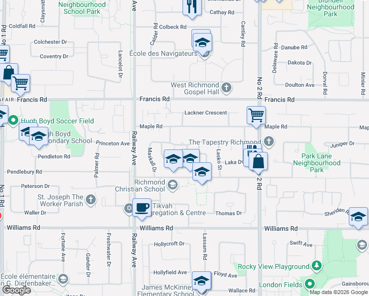 map of restaurants, bars, coffee shops, grocery stores, and more near 9224 Evancio Crescent in Richmond