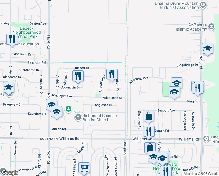 map of restaurants, bars, coffee shops, grocery stores, and more near 10751 Alexis Court in Richmond