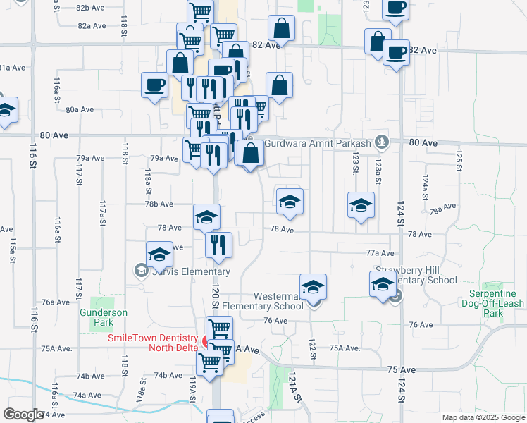 map of restaurants, bars, coffee shops, grocery stores, and more near 7837 120A Street in Surrey