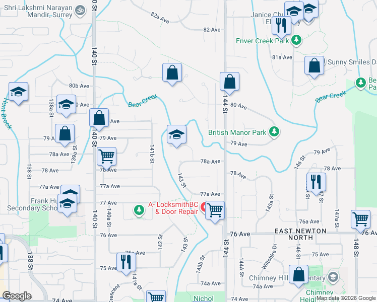 map of restaurants, bars, coffee shops, grocery stores, and more near 7869 143A Street in Surrey