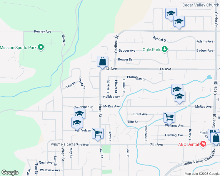 map of restaurants, bars, coffee shops, grocery stores, and more near 7902 Heron Street in Mission