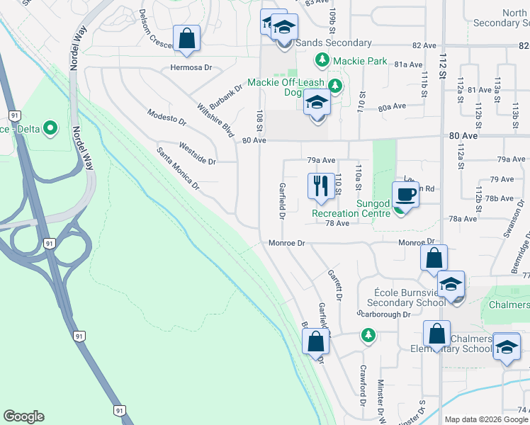 map of restaurants, bars, coffee shops, grocery stores, and more near 7842 108 Street in Delta