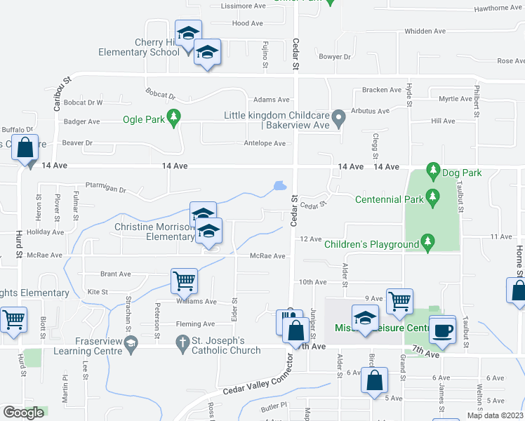 map of restaurants, bars, coffee shops, grocery stores, and more near 32743 Charnley Drive in Mission