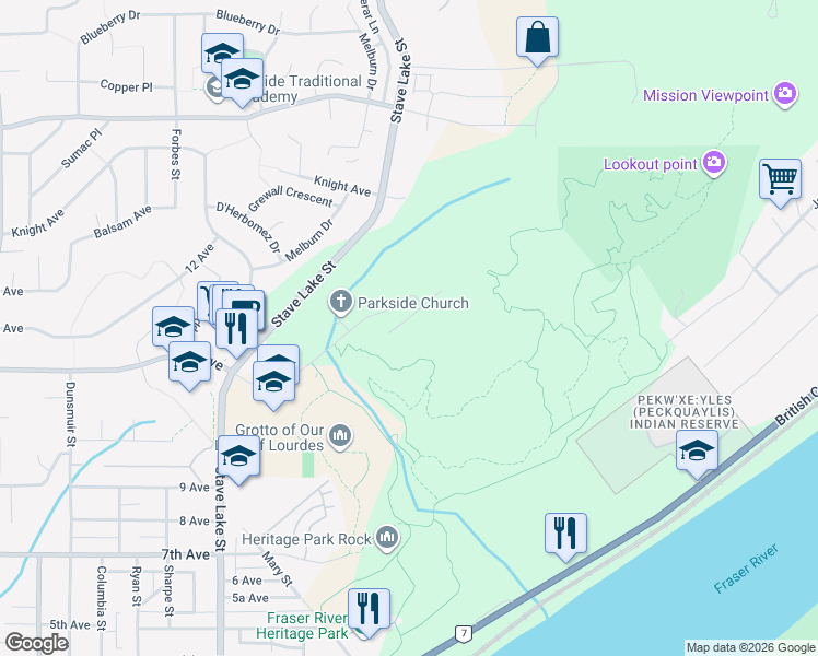 map of restaurants, bars, coffee shops, grocery stores, and more near 33926 Tooley Place in Mission