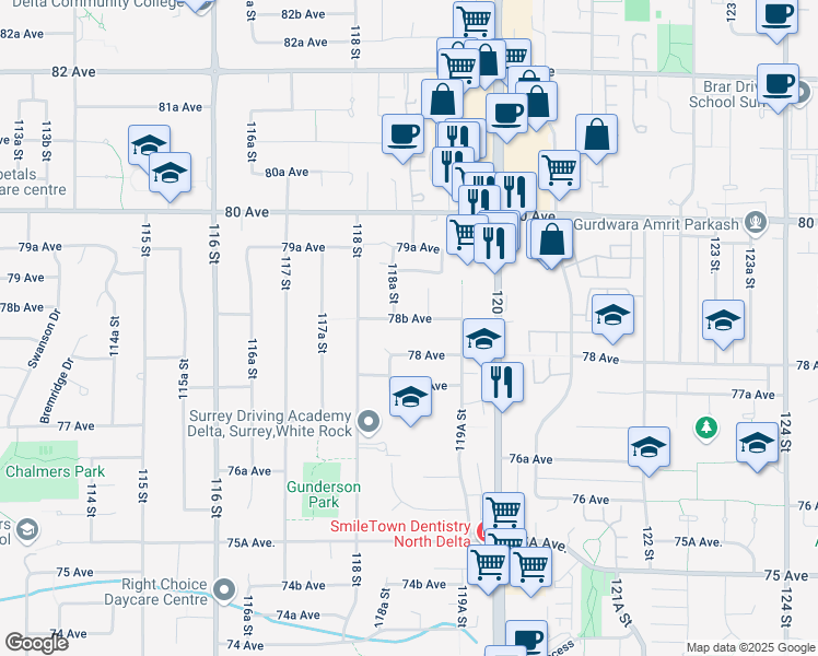 map of restaurants, bars, coffee shops, grocery stores, and more near 11872 78B Avenue in Delta