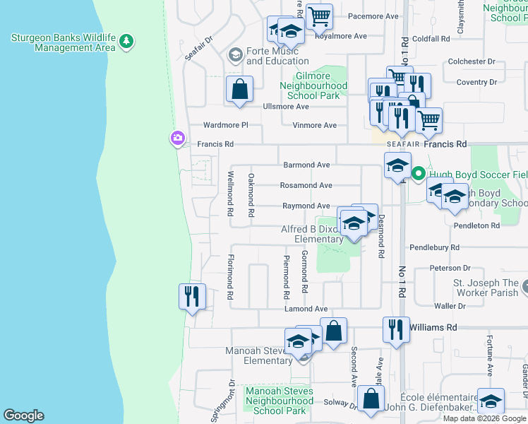 map of restaurants, bars, coffee shops, grocery stores, and more near 3400 Raymond Avenue in Richmond