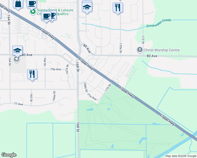 map of restaurants, bars, coffee shops, grocery stores, and more near 16919 79 Avenue in Surrey