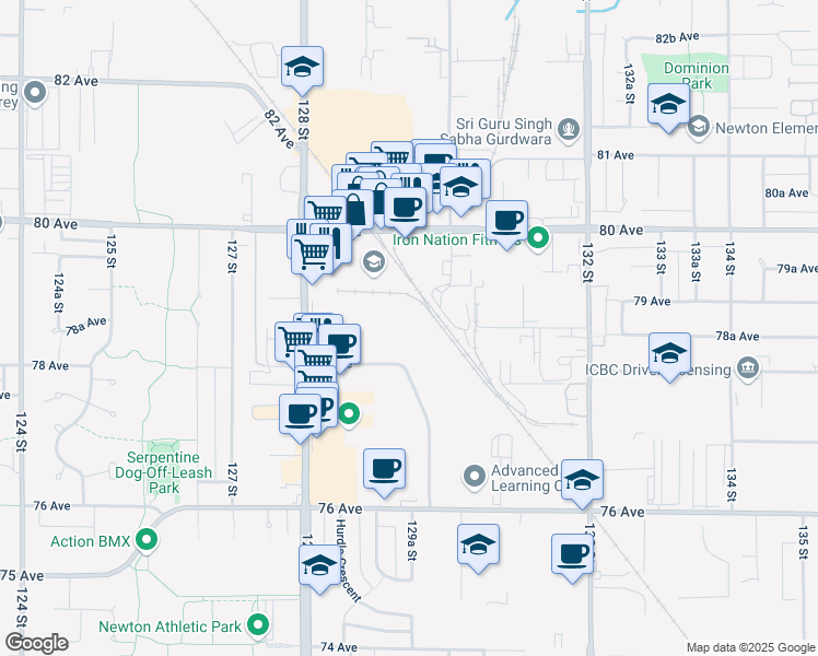 map of restaurants, bars, coffee shops, grocery stores, and more near 12945 78 Avenue in Surrey