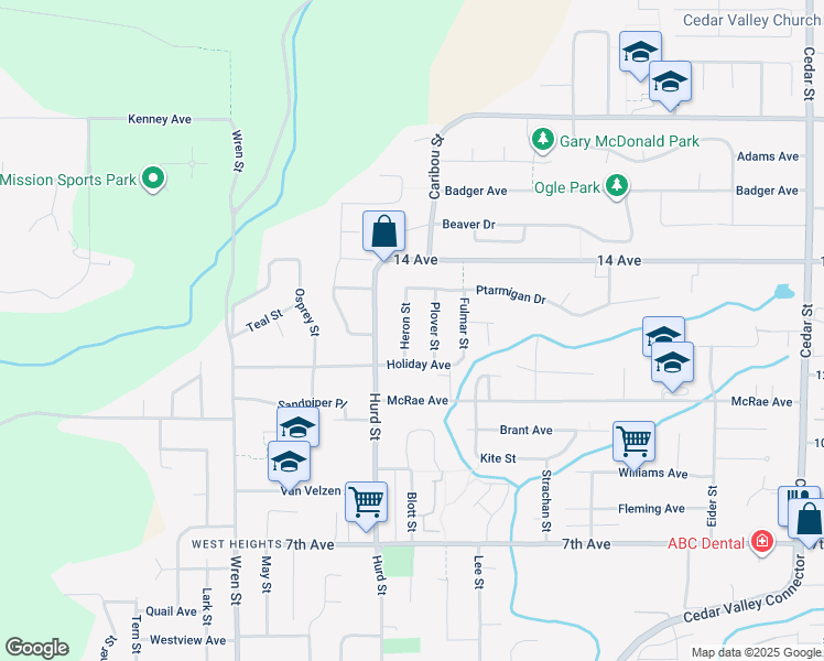 map of restaurants, bars, coffee shops, grocery stores, and more near 7902 Heron Street in Mission