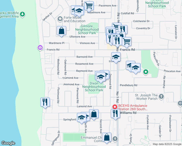 map of restaurants, bars, coffee shops, grocery stores, and more near 3660 Raymond Avenue in Richmond