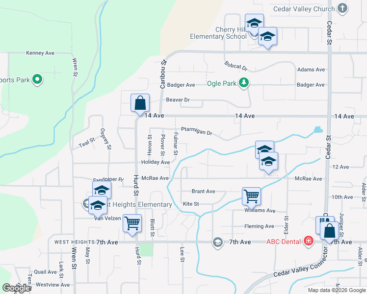 map of restaurants, bars, coffee shops, grocery stores, and more near 32344 Mallard Place in Mission