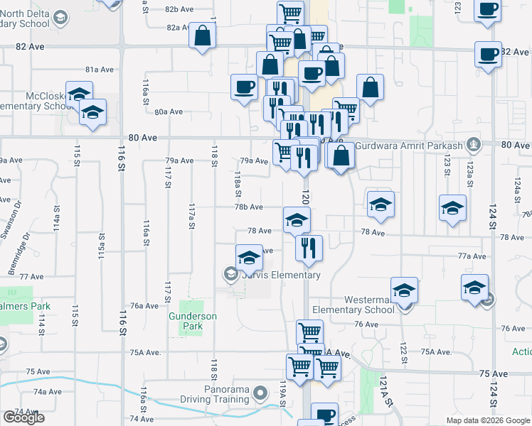 map of restaurants, bars, coffee shops, grocery stores, and more near 11914 78B Avenue in Delta