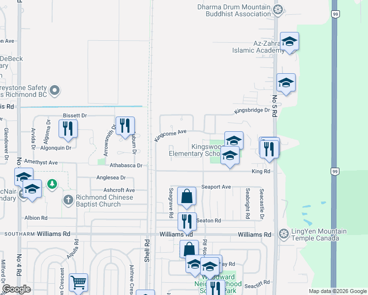 map of restaurants, bars, coffee shops, grocery stores, and more near 9471 Kingswood Drive in Richmond