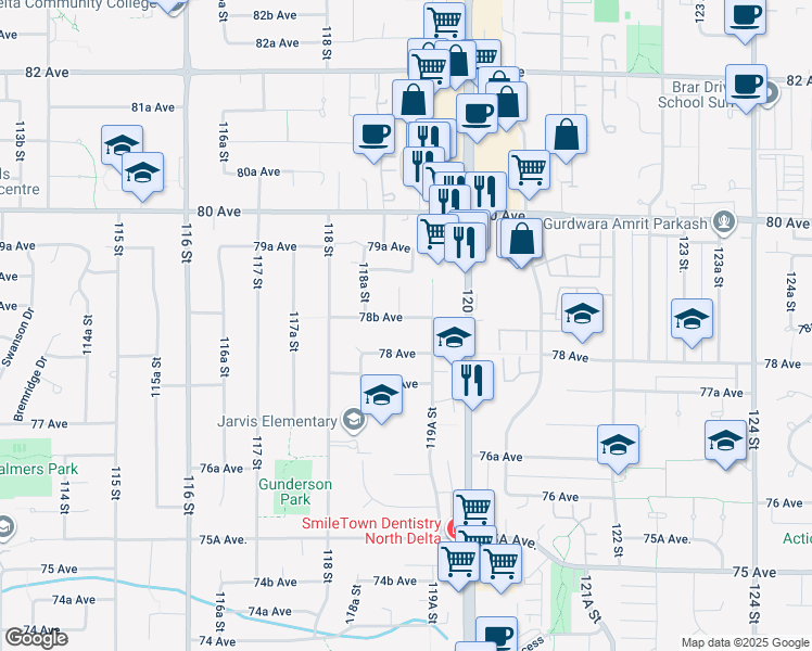 map of restaurants, bars, coffee shops, grocery stores, and more near 11912 78B Avenue in Delta