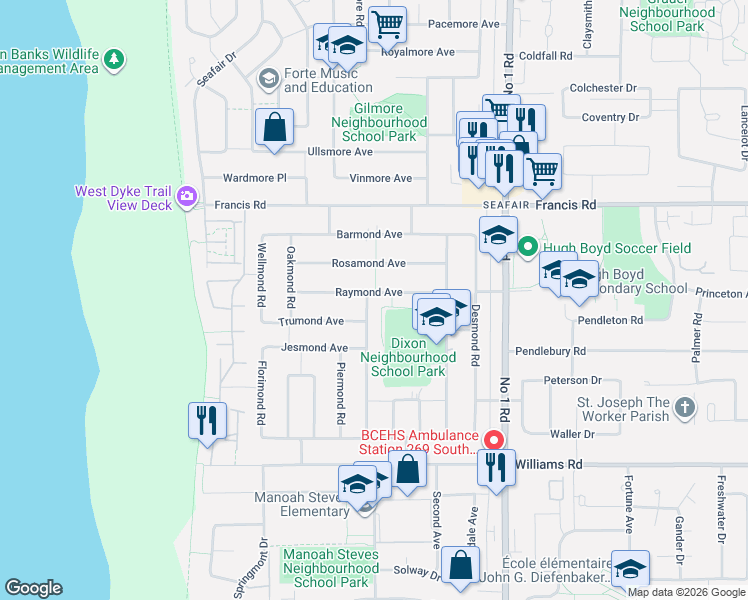 map of restaurants, bars, coffee shops, grocery stores, and more near 3571 Raymond Avenue in Richmond