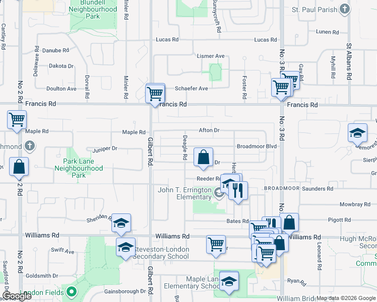 map of restaurants, bars, coffee shops, grocery stores, and more near 7460 Broadmoor Boulevard in Richmond