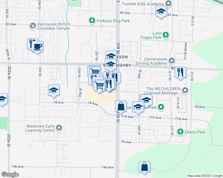 map of restaurants, bars, coffee shops, grocery stores, and more near 20727 Willoughby Town Centre Drive in Langley Township