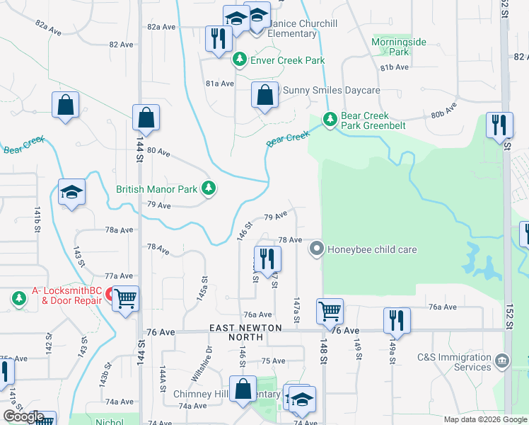 map of restaurants, bars, coffee shops, grocery stores, and more near 14645 79 Avenue in Surrey