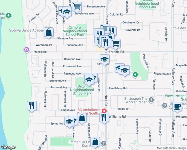 map of restaurants, bars, coffee shops, grocery stores, and more near 9240 Diamond Road in Richmond