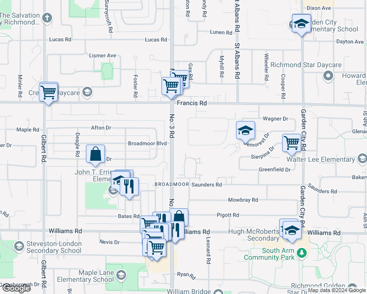 map of restaurants, bars, coffee shops, grocery stores, and more near 8131 Rideau Drive in Richmond