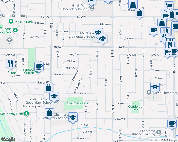 map of restaurants, bars, coffee shops, grocery stores, and more near 7851 114A Street in Delta