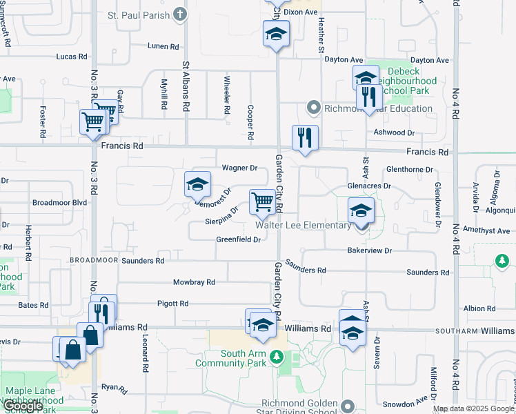 map of restaurants, bars, coffee shops, grocery stores, and more near 8920 Sierpina Drive in Richmond