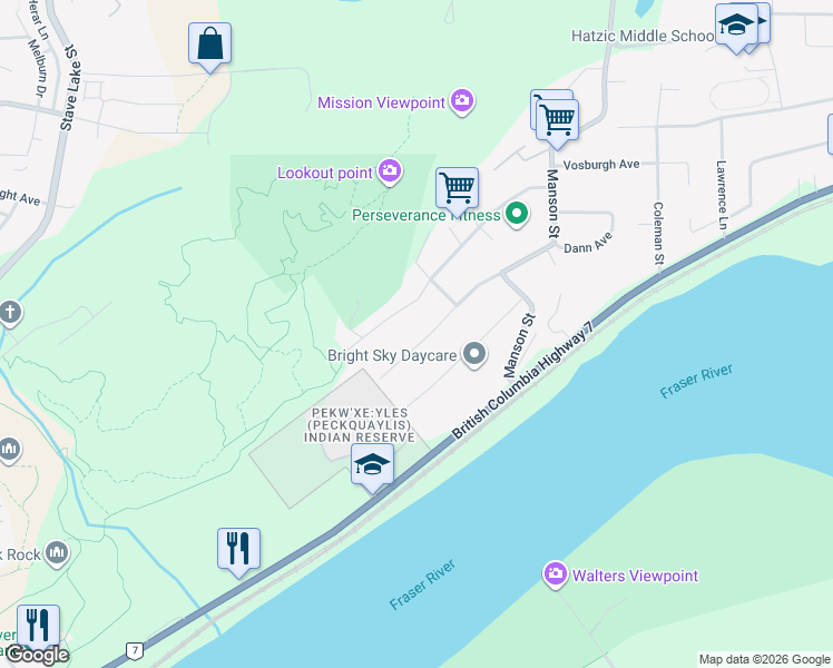map of restaurants, bars, coffee shops, grocery stores, and more near 34327 Catchpole Avenue in Mission