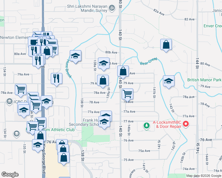 map of restaurants, bars, coffee shops, grocery stores, and more near 7876 139A Street in Surrey