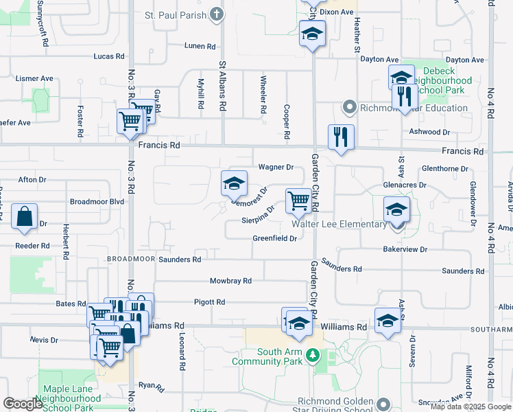 map of restaurants, bars, coffee shops, grocery stores, and more near 8680 Demorest Drive in Richmond