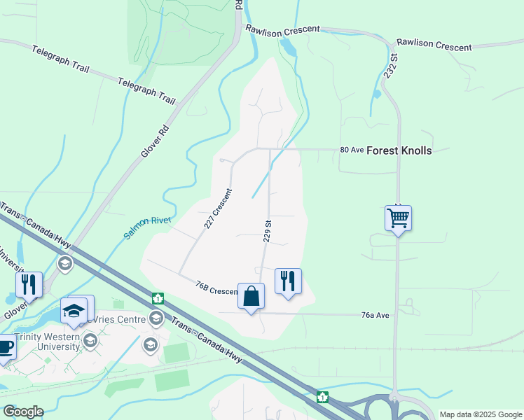 map of restaurants, bars, coffee shops, grocery stores, and more near 7869 229 Street in Langley