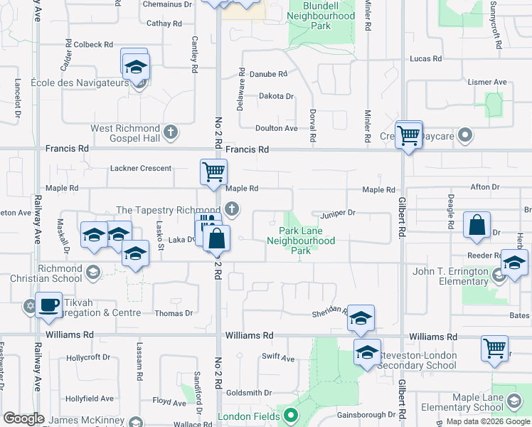 map of restaurants, bars, coffee shops, grocery stores, and more near 9288 Romaniuk Drive in Richmond