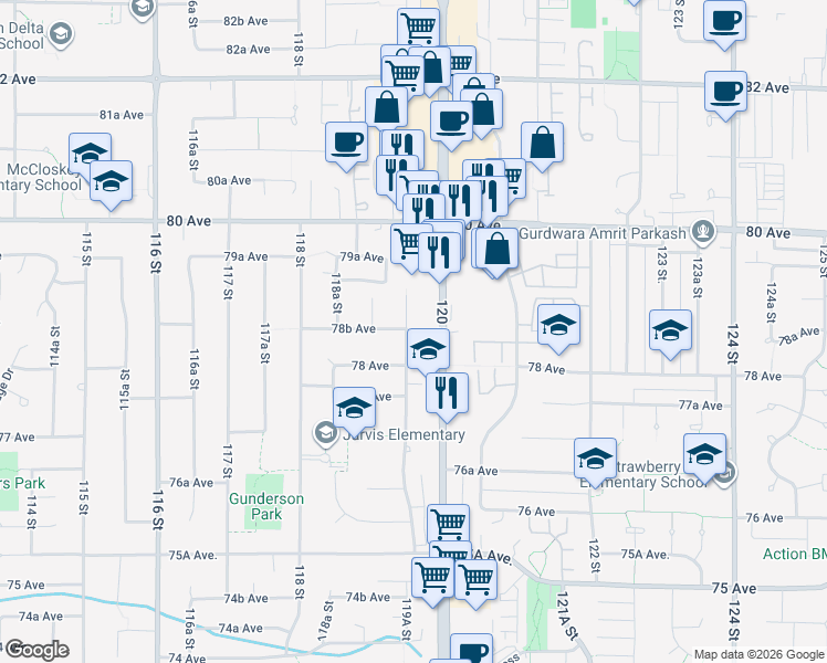 map of restaurants, bars, coffee shops, grocery stores, and more near 7846 119A Street in Delta