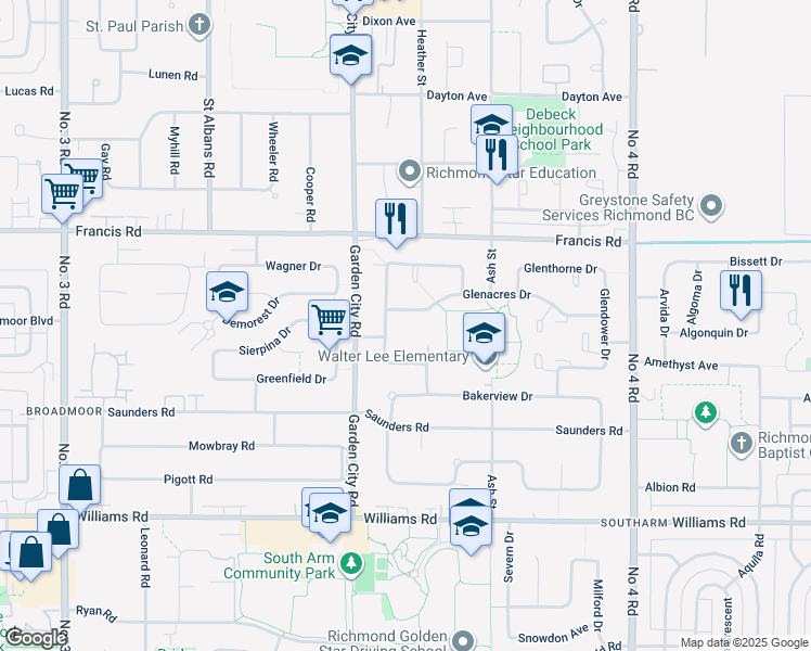 map of restaurants, bars, coffee shops, grocery stores, and more near 9280 Glenallan Drive in Richmond